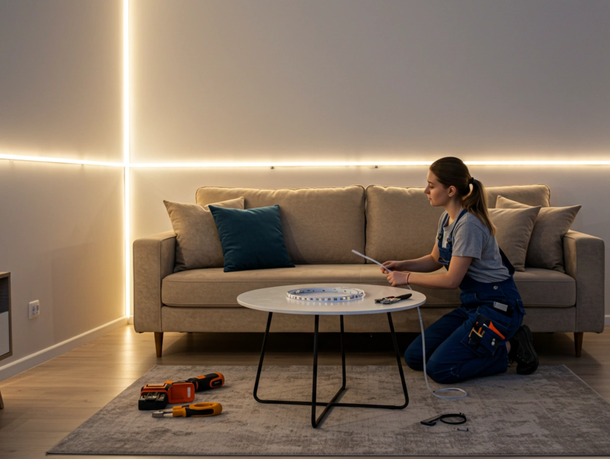A female electrician kneeling beside a sofa, working on electrical wiring in a modern living room with ambient lighting.