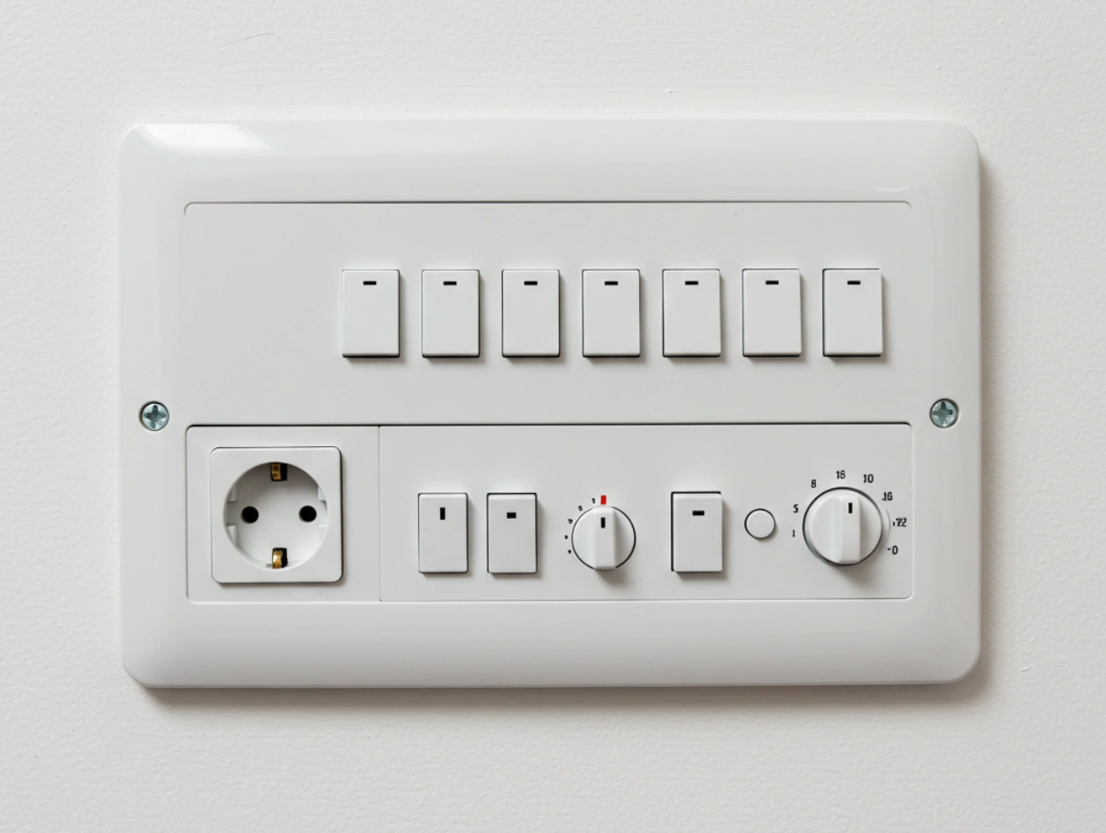 Close-up of a switchboard with circuit breakers and electrical outlets, highlighting the importance of upgrading in Gold Coast homes.