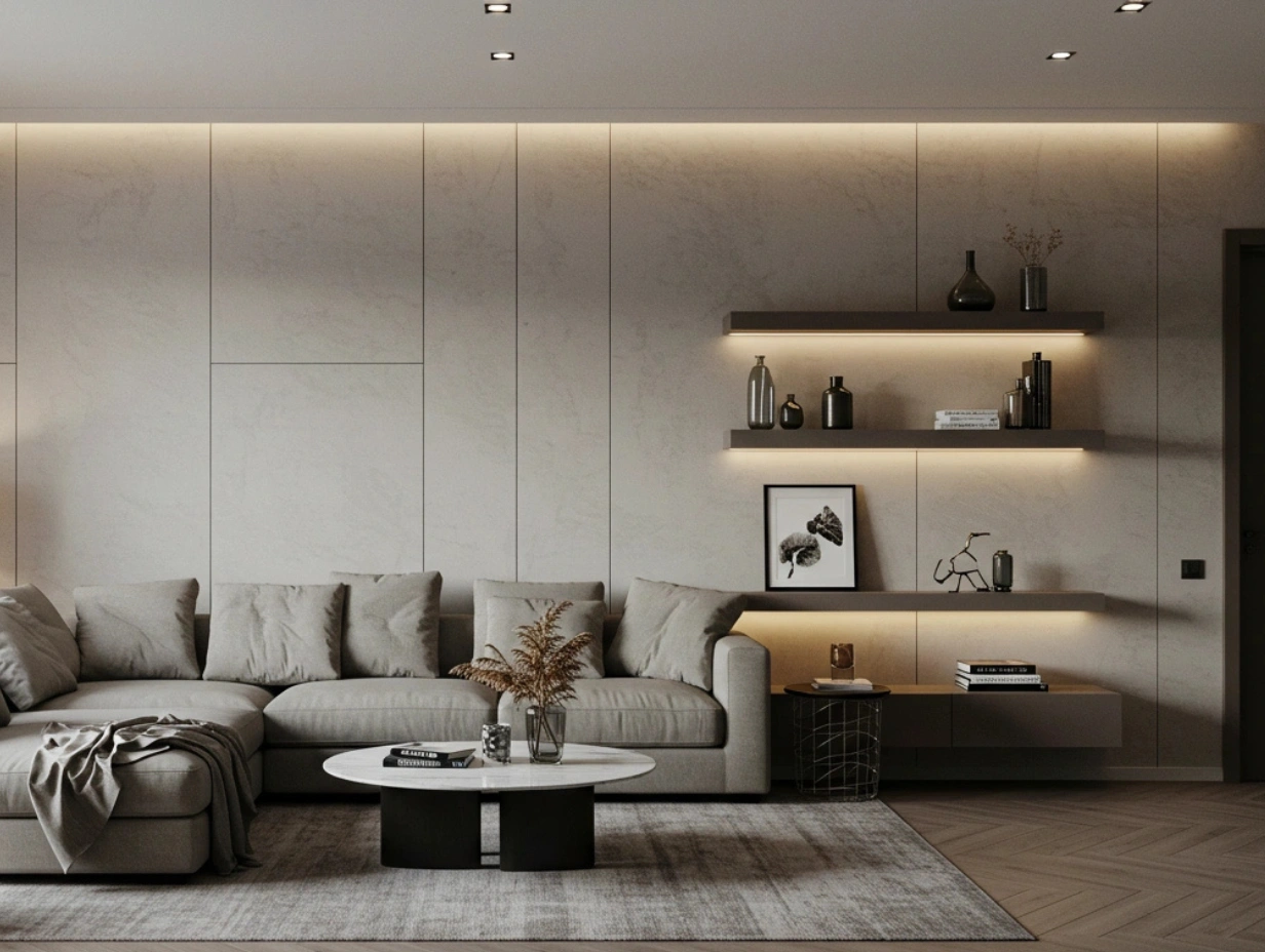 Modern living room with a grey sofa and floating shelves featuring ambient lighting and decorative items.