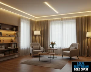 Living room with contemporary furniture and soft ambient ceiling lighting.